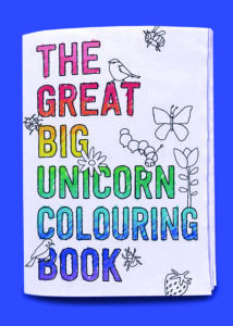 Colouring book for Unicorn Grocery food co-op designed by Paper Rhino