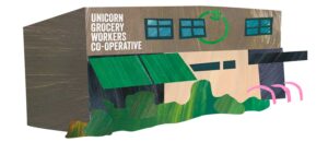 Bespoke paint textured illustrations for Unicorn Grocery food co-op in Chorlton Manchester by Paper Rhino design