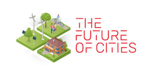 The Future of Cities logo design made up of a custom font with isometric tile illustrations containing a house, people, wind turbines.