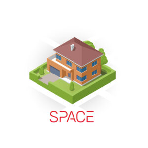 Logo design isometric illustration of a piece of land containing a house with word space written underneath