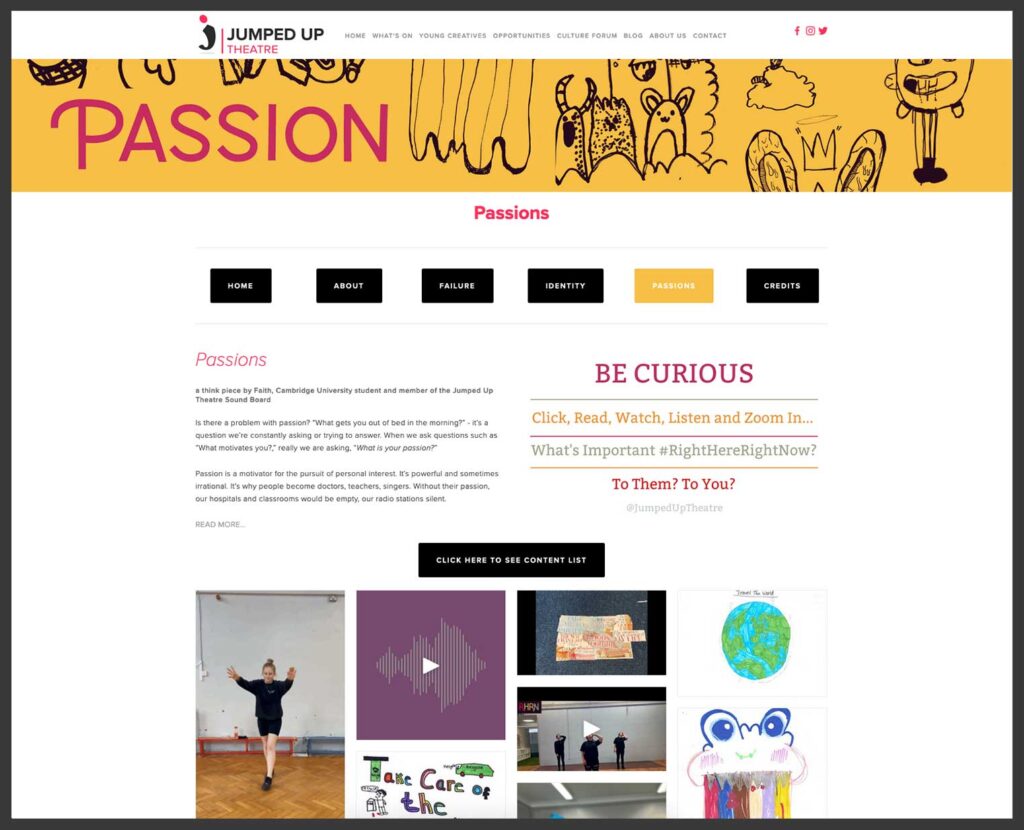 Screengrab of Right Here Right Now webpage featuring bespoke yellow header and gallery of workshop participants work
