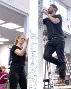 Pillar doodles. Collaborative mural with a group of year 9s, helping them re-design the Young Adult area of Loughborough Library. We ran a series of workshops and reshaped the student artwork into scene which we coached them to help install. Amanda Rigby