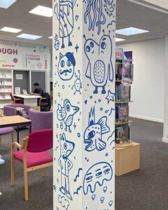 Pillar doodles. Collaborative mural with a group of year 9s, helping them re-design the Young Adult area of Loughborough Library. We ran a series of workshops and reshaped the student artwork into scene which we coached them to help install. Amanda Rigby